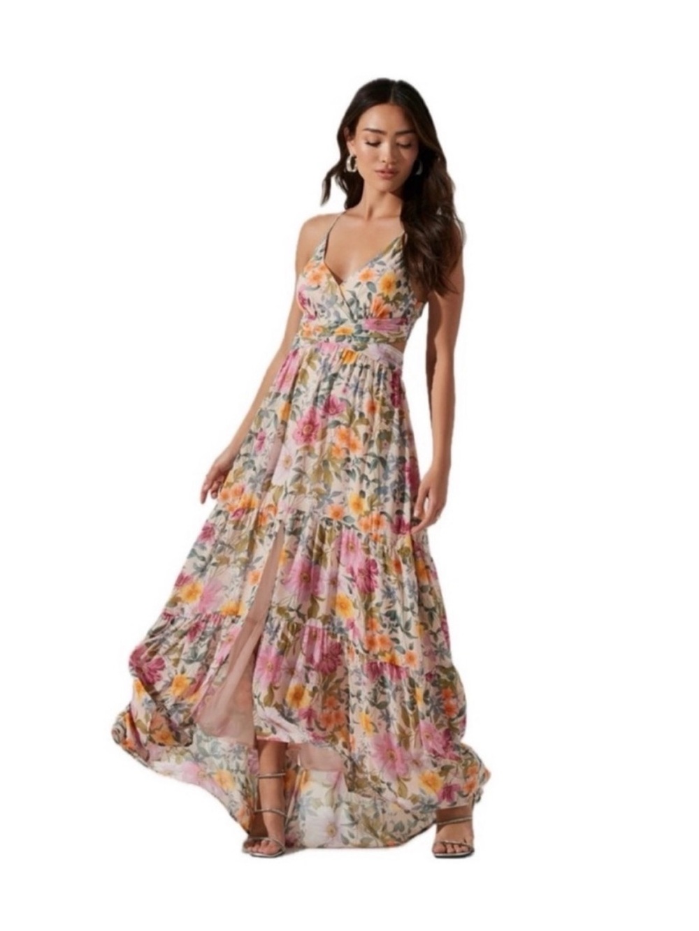ASTR the Label Frolic Floral Cutout Maxi Dress Taupe Fuchsia Wedding Guest S